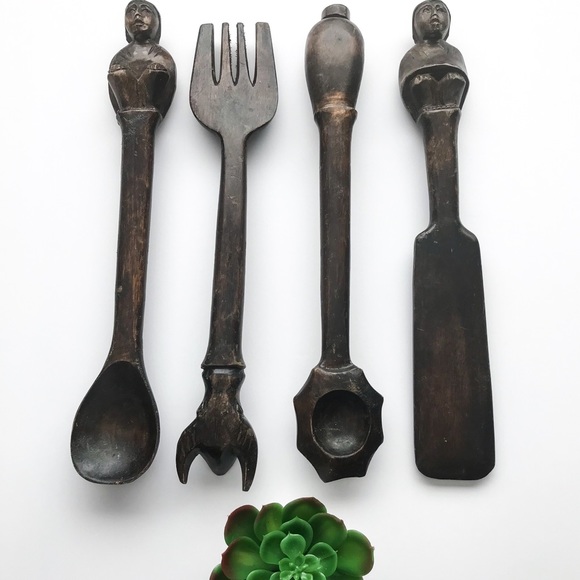 HAND CARVED Primitive Wood Vintage Utensils Set of 4 - Picture 2 of 8